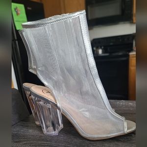 Silver Metallic Mesh booties with clear heel